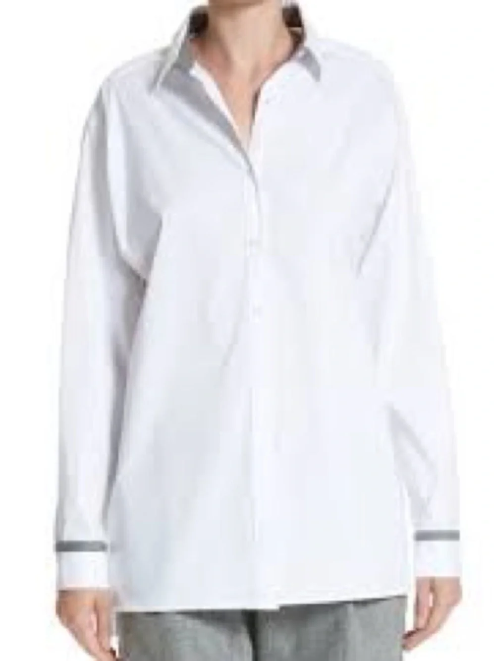 Lafayette 148 Jessie Crystal Monili Trim White‎ Poplin Shirt Tunic Top Size S